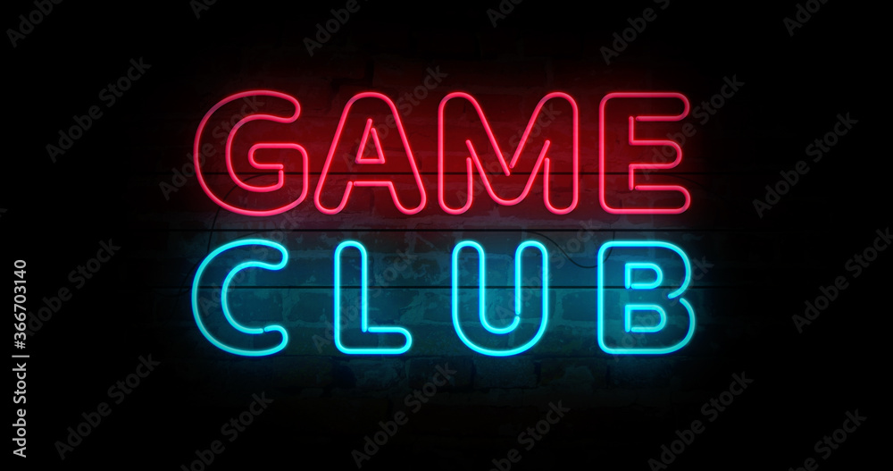 Game club with gamer symbol neon on brick wall