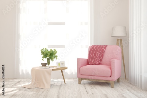 Idea of white minimalist room with sofa. Scandinavian interior design. 3D illustration