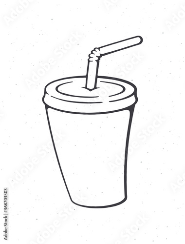 Disposable paper cup with soda and straw. Outline. Cartoon glass with carbonated cold drink. Film industry and fast food symbol. Vector illustration. Hand drawn sketch. Isolated white background