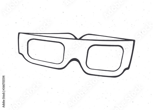Cartoon paper 3d glasses front view. Outline. Symbol of the film industry. Stereo retro glasses for three-dimensional cinema. Vector illustration. Hand drawn sketch. Isolated white background