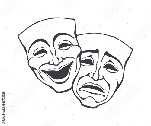 Two theatrical comedy and drama mask. Outline. Bipolar disorder symbol. Positive and negative emotion. Film and theatre industry. Vector illustration. Hand drawn sketch. Isolated white background