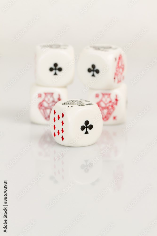 Full House, Aces and Kings Playing Casino poker dice closeup Isolated on white background with reflection. Abstract Pattern Full House, Aces and Kings Playing Casino poker dice closeup Isolated on white background with reflection. Abstract Pattern