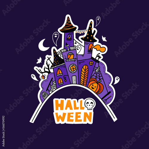 Vector Halloween illustration with hand drawn doodle witch castle