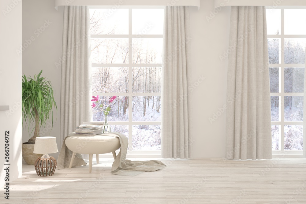 White room with armchair and winter landscape in window. Scandinavian interior design. 3D illustration White room with armchair and winter landscape in window. Scandinavian interior design. 3D illustration