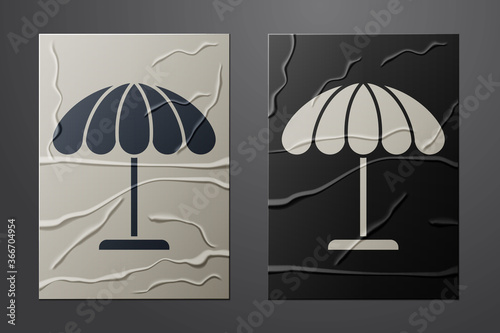 White Sun protective umbrella for beach icon isolated on crumpled paper background. Large parasol for outdoor space. Beach umbrella. Paper art style. Vector Illustration.