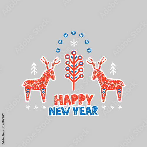 christmas illustration with deer and new year elements in scandi style