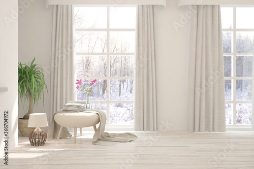 White room with armchair and winter landscape in window. Scandinavian interior design. 3D illustration © AntonSh