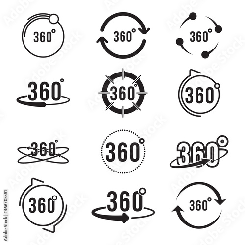 Different 360 degree rotating circle signs flat icon set. Full panoramic or perspective overview vector illustration collection. Digital technology and 3d simulation concept