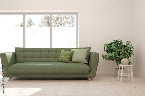 Idea of white minimalist room with green sofa. Scandinavian interior design. 3D illustration