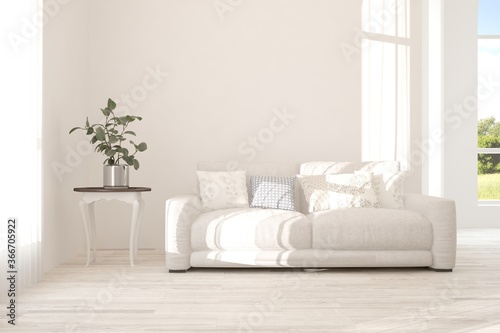 White modern room with sofa. Scandinavian interior design. 3D illustration © AntonSh