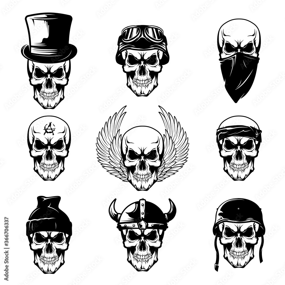 Different skull tattoo flat icon set. Brutal skulls with helmet, wings,  hat, cap and bandana vector illustration collection. Bikers and rock  symbols concept Stock Vector | Adobe Stock