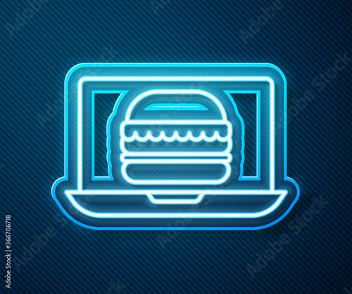 Glowing neon line Online ordering and burger delivery icon isolated on blue background. Vector Illustration.