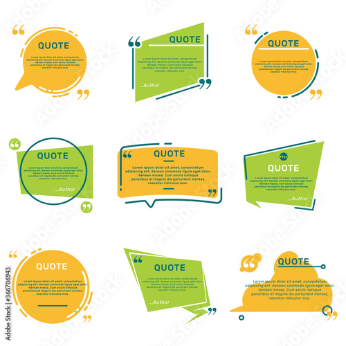 Different quote remark frames flat icon set. Geometric quotation textboxes for blog or chat vector illustration collection. Abstract design and template concept