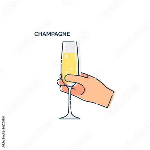Hand holding a glass of champagne. Line art design element on white background. Fingers human with a tumbler foamy beverage. Concept of time to drink alcohol. Modern graphic style illustration