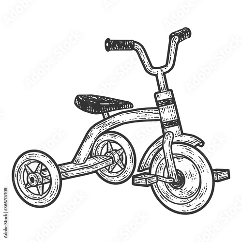 Tricycle, children bicycle. Sketch scratch board imitation. Black and white.