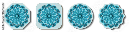 Set of decorative coasters for table ornate with a blue abstract mandala ornament. Vector illustration