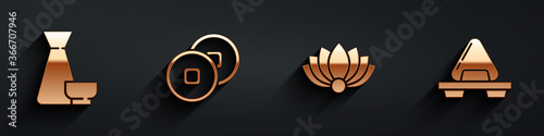 Set Chinese tea ceremony, Chinese Yuan currency, Lotus flower and Sushi on cutting board icon with long shadow. Vector.