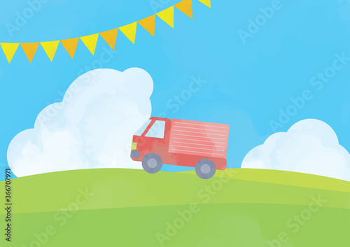 野原を進むトラックのイラスト