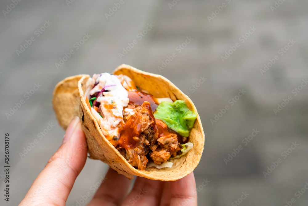Mexican traditional authentic homemade tacos with pulled pork beef ...