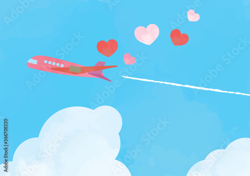 ハートを運ぶ飛行機の背景イラスト