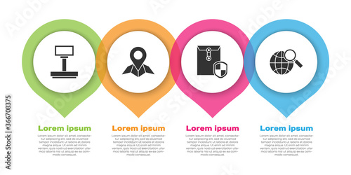 Set Scale, Placeholder on map paper, Envelope with shield and Magnifying glass with globe. Business infographic template. Vector.