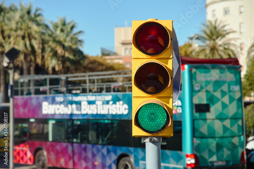 traffic lights and Touristic bus in Barcelona