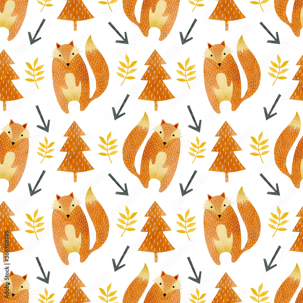 Obraz premium Winter watercolor seamless pattern of Christmas trees, fox, branches, arrows in the Scandinavian style.