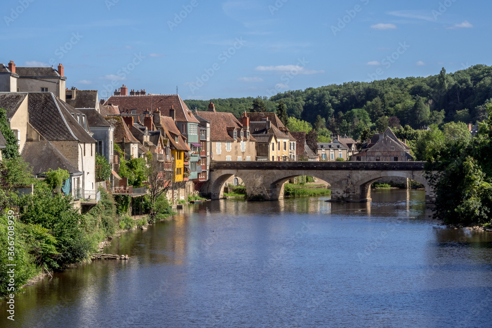 View of the old houses on the banks of the Creuse river in Argenton sur Creuse