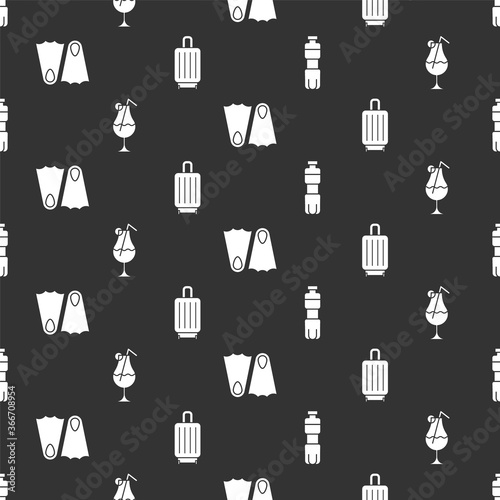 Set Bottle of water, Cocktail and alcohol drink, Rubber flippers and Suitcase on seamless pattern. Vector.