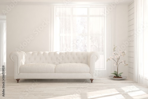 Idea of white minimalist room with sofa. Scandinavian interior design. 3D illustration