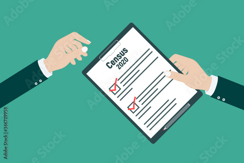 Census 2020. Clipboard in pen in hand. Vector illustration flat design. Folder with documents.