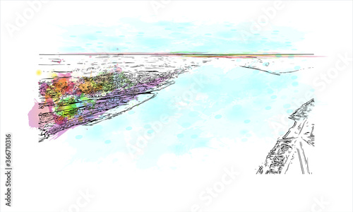Building view with landmark of Volgograd, formerly Stalingrad, is a city in southwest Russia. Watercor splash with  hand drawn sketch illustration in vector.