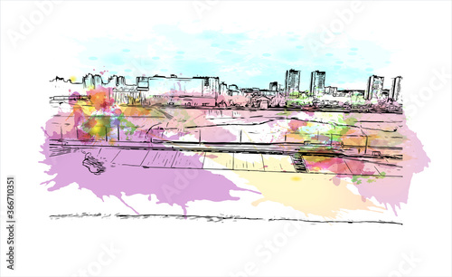 Building view with landmark of Volgograd, formerly Stalingrad, is a city in southwest Russia. Watercor splash with  hand drawn sketch illustration in vector.