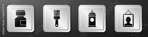Set Paint, gouache, jar, dye, Paint brush, Paint spray can and Picture icon. Silver square button. Vector.