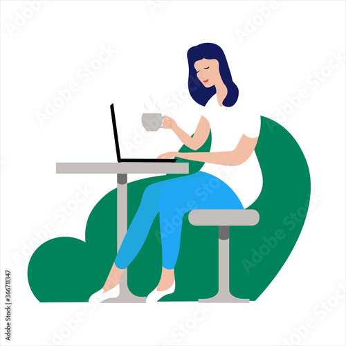 Self employed woman concept. Young women at table with cup of coffe and  laptop. Remote work in cafe.  Cute illustration in flat style.