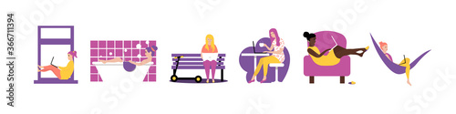 Self employed woman concept. Set of  female character with laptop freelance working or studing at home, on beach, in park.   Coworking  work space for relax and calm.  Cute illustration in flat style.