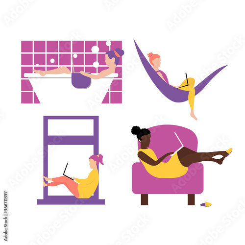 Self employed woman concept. Set of  female character with laptop freelance working or studing at home, on beach, in park.   Coworking  work space for relax and calm.  Cute illustration in flat style.