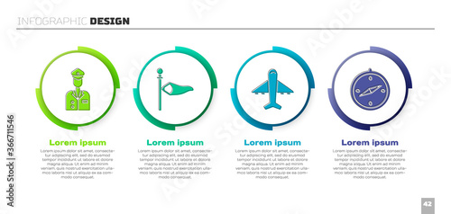 Set Pilot, Cone meteorology windsock wind vane, Plane and Compass. Business infographic template. Vector.