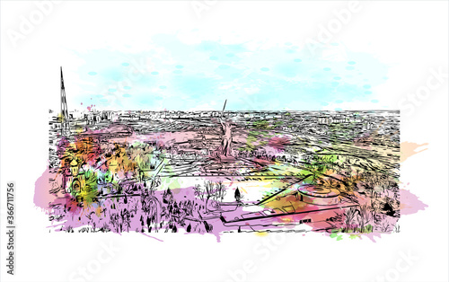 Building view with landmark of Volgograd, formerly Stalingrad, is a city in southwest Russia. Watercor splash with  hand drawn sketch illustration in vector.