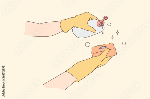 Care, cleaning, hygiene concept. Human male female character hands with rubber gloves pour detergent on sponge for cleaning plates from mud and fat. Domestic daily routine illustration and housework.
