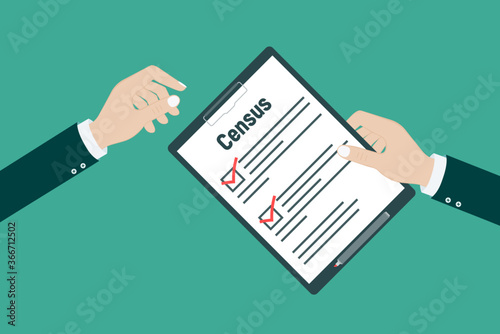 Census. Clipboard in pen in hand. Vector illustration flat design. Folder with documents.