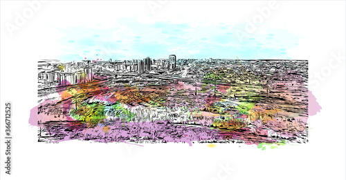 Building view with landmark of Volgograd, formerly Stalingrad, is a city in southwest Russia. Watercor splash with  hand drawn sketch illustration in vector. photo