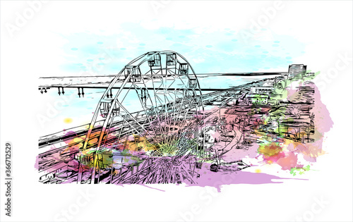 Building view with landmark of Volgograd, formerly Stalingrad, is a city in southwest Russia. Watercor splash with  hand drawn sketch illustration in vector.