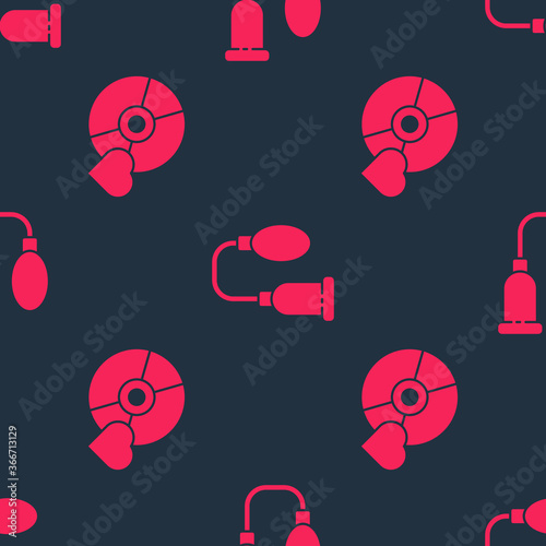Set Adult label on compact disc and Penis pump on seamless pattern. Vector.