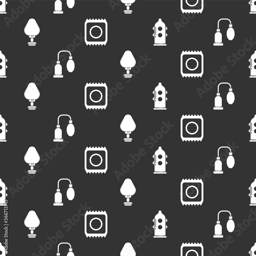 Set Condom, Penis pump, Anal plug and Condom in package safe sex on seamless pattern. Vector.