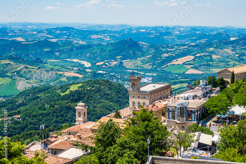 San Marino, UNESCO World Heritage, located on the highest of Monte Titano's summits, symbol of freedom and independence. The Palazzo Pubblico, seat of the government of San Marino.
