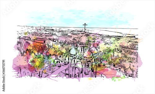 Building view with landmark of Volgograd, formerly Stalingrad, is a city in southwest Russia. Watercor splash with  hand drawn sketch illustration in vector.