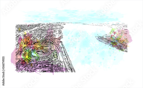 Building view with landmark of Volgograd, formerly Stalingrad, is a city in southwest Russia. Watercor splash with  hand drawn sketch illustration in vector. photo