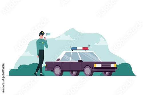 Work, danger, security, communication concept. Young serious professional man guy police standing near car transport vehicle talking with collegue on transmitter or walkie talkie. Dangerous occupation
