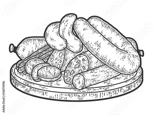 On desk meat products still life. Old engraving imitation. Sketch scratch board imitation.